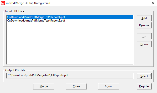 mdzPdfMerge Main Window